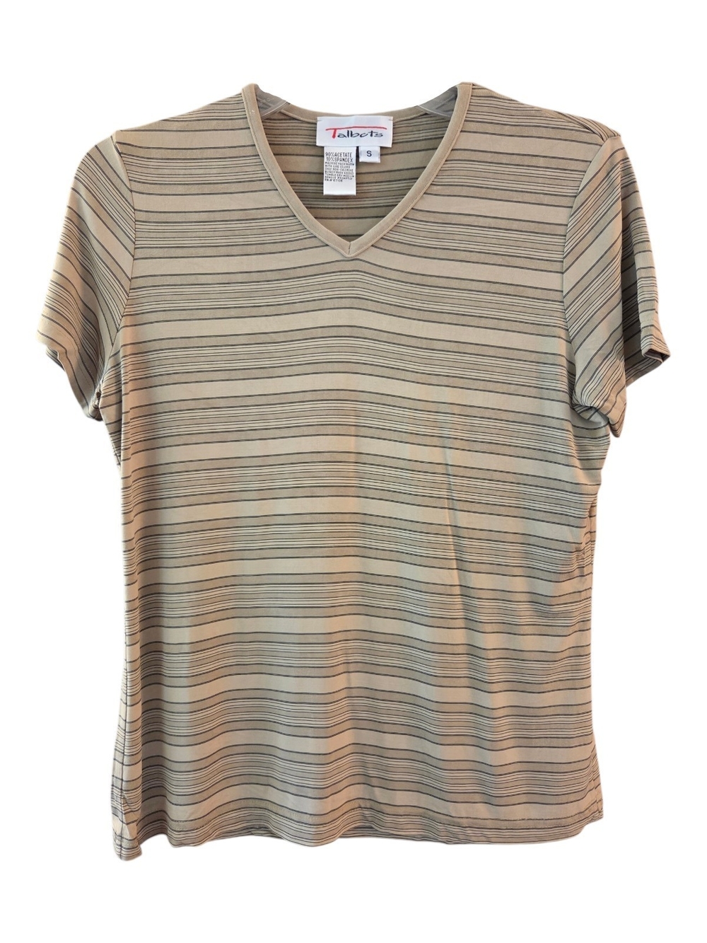 Talbots Vintage Brown Tan Striped V-Neck Tee Top - Size S